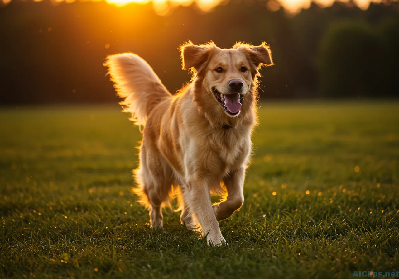 Golden Retriever Running at Sunset - Joyful Pet Moment