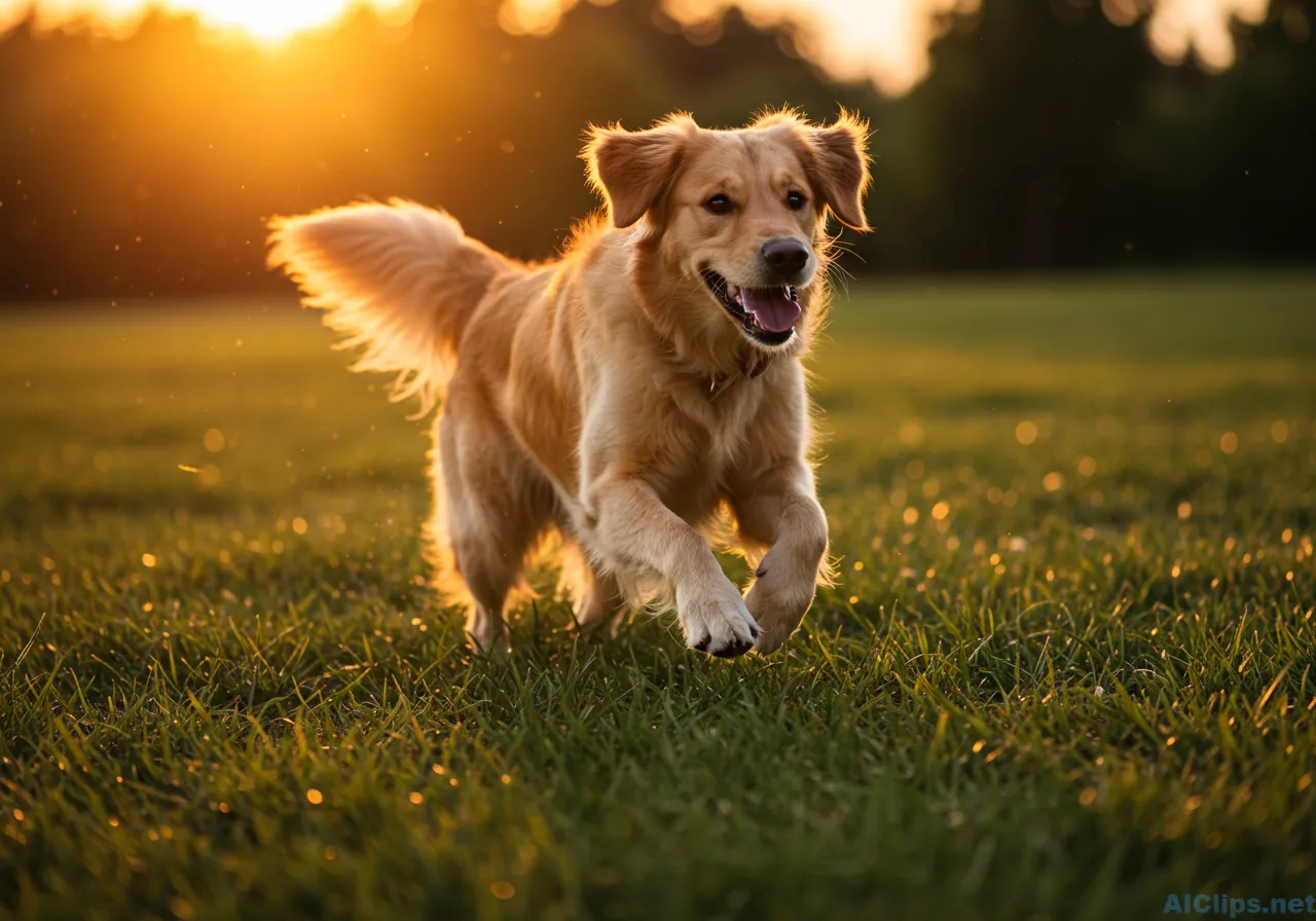 Happy Golden Retriever Playing in Golden Hour