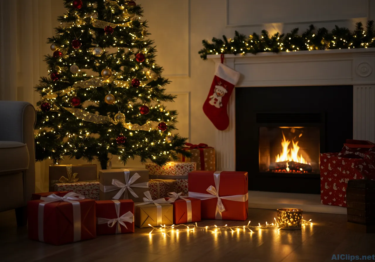 Cozy Christmas Scene with Decorated Tree & Gifts