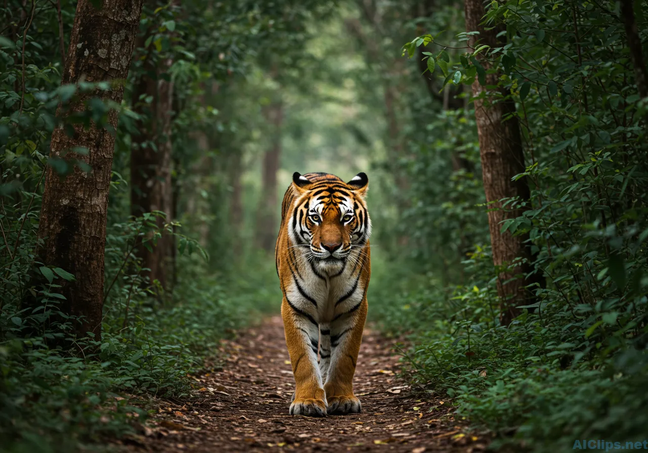 Majestic Tiger Walking Through Lush Forest