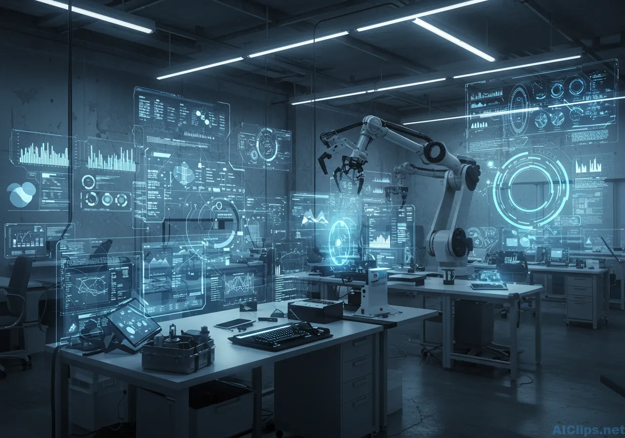 Futuristic Robotics Lab with Holo-Data Visualization