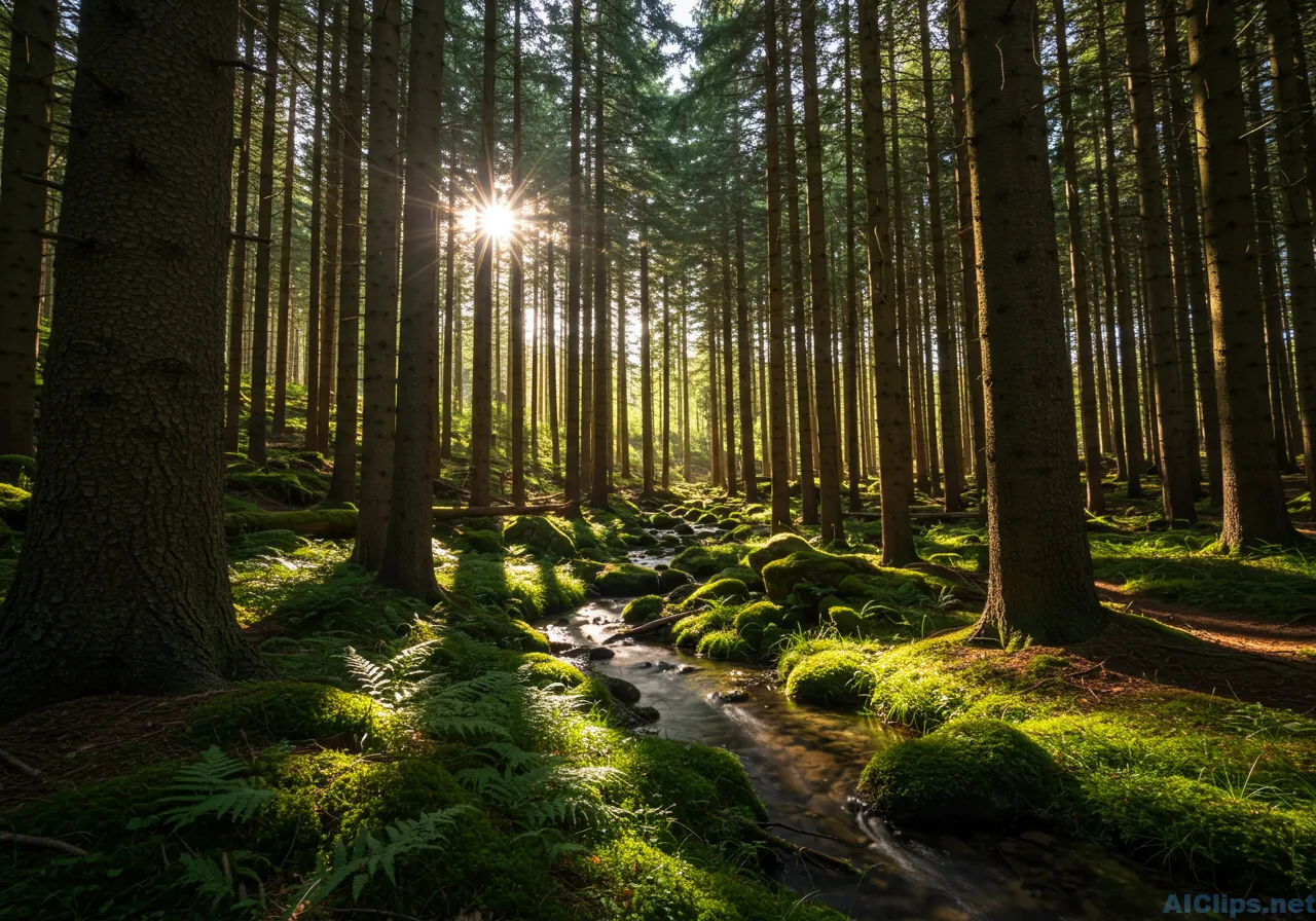 Tranquil Forest Landscape with Sunlight and Stream