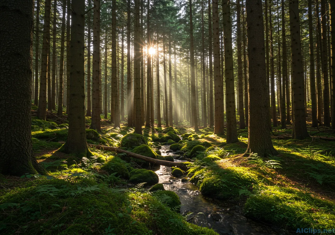Serene Forest Landscape with Sunlight and Stream