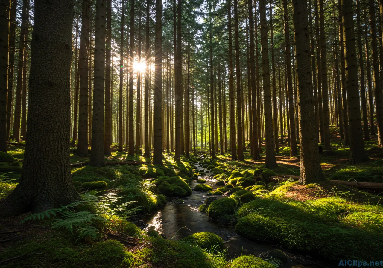 Calm Forest Landscape with Stream and Sunlight