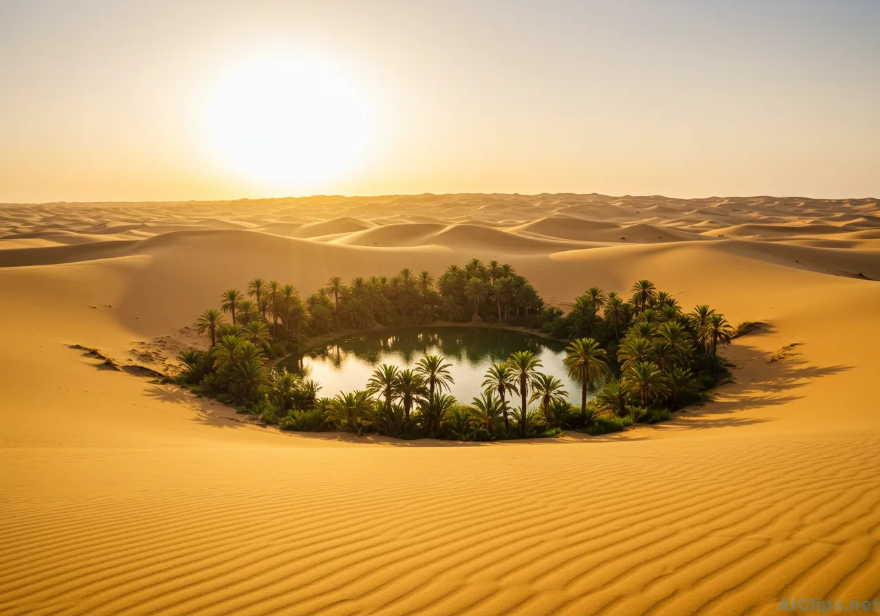 Stunning Oasis in Desert Landscape at Sunset