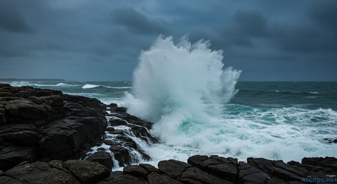 Dramatic Coastal Waves Splashing on Rocks
