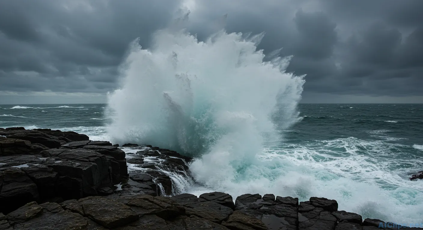 Dynamic Ocean Wave Splashing Against Rocky Coastline