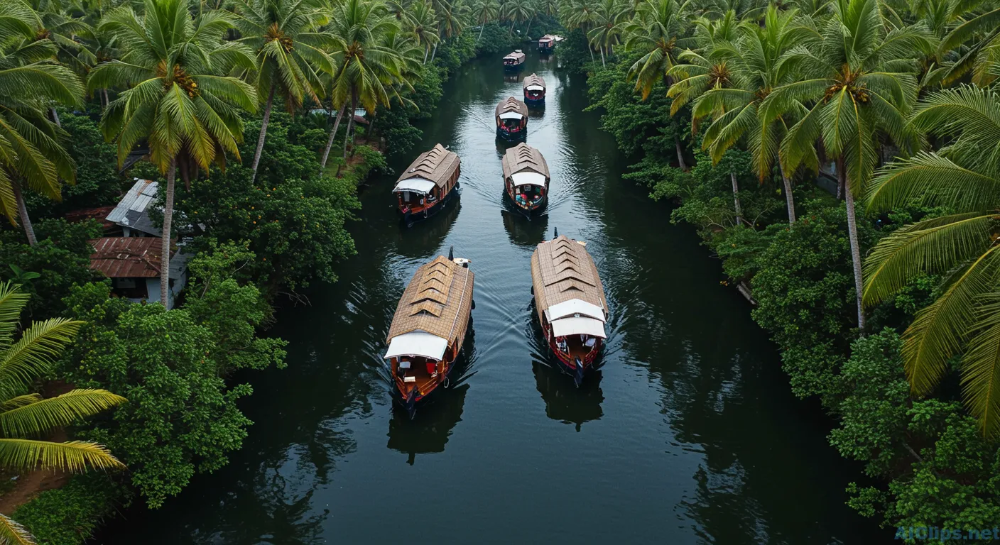 Serene Backwater Scene with Traditional Boats