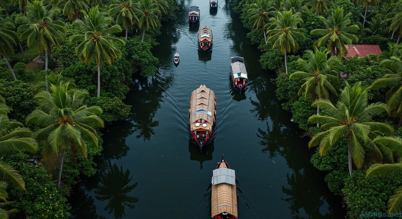 Scenic Backwaters with Traditional Boats and Palm Trees