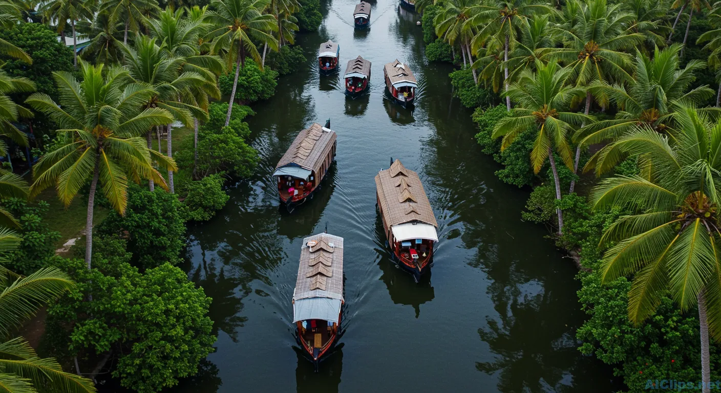 Serene Backwater Scene with Traditional Houseboats