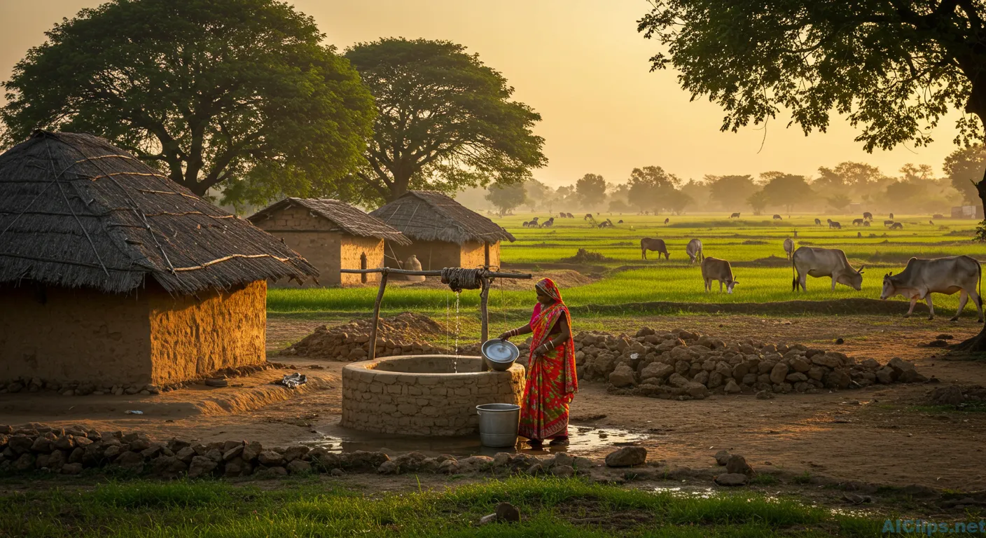 Rural Life: Woman at Well in Sunset Glow