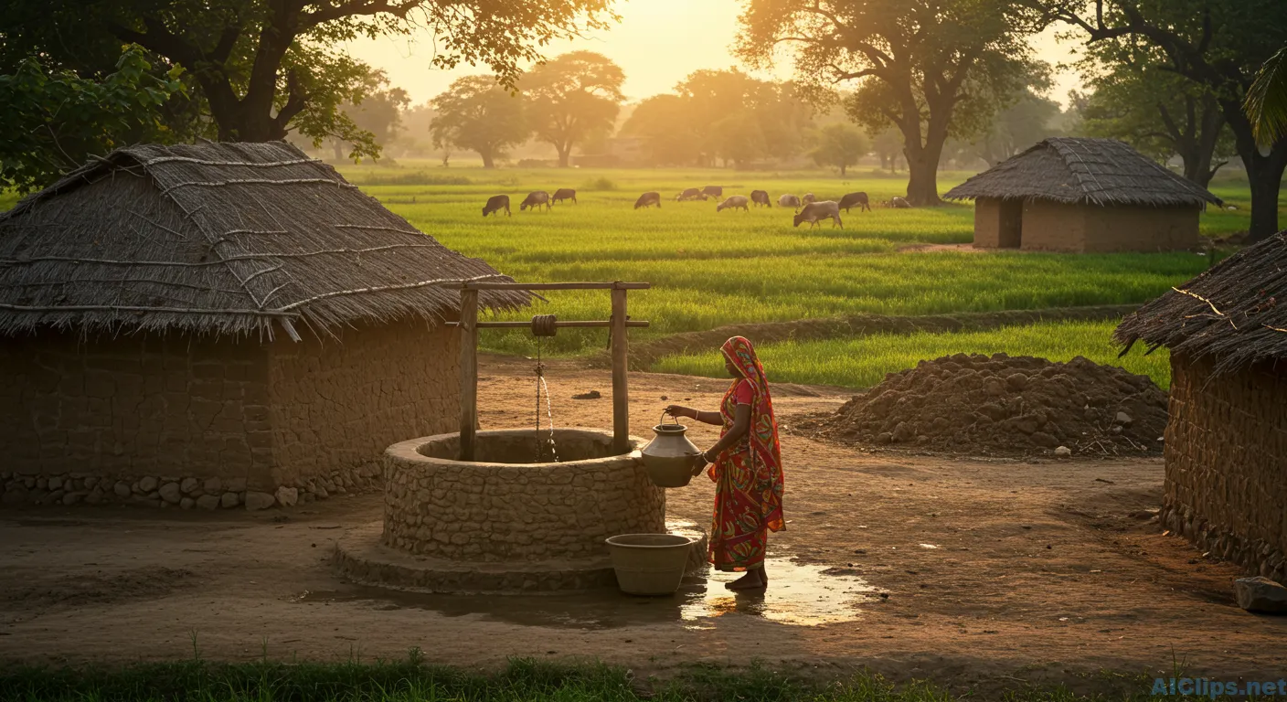 Rural Woman Collecting Water at Sunset