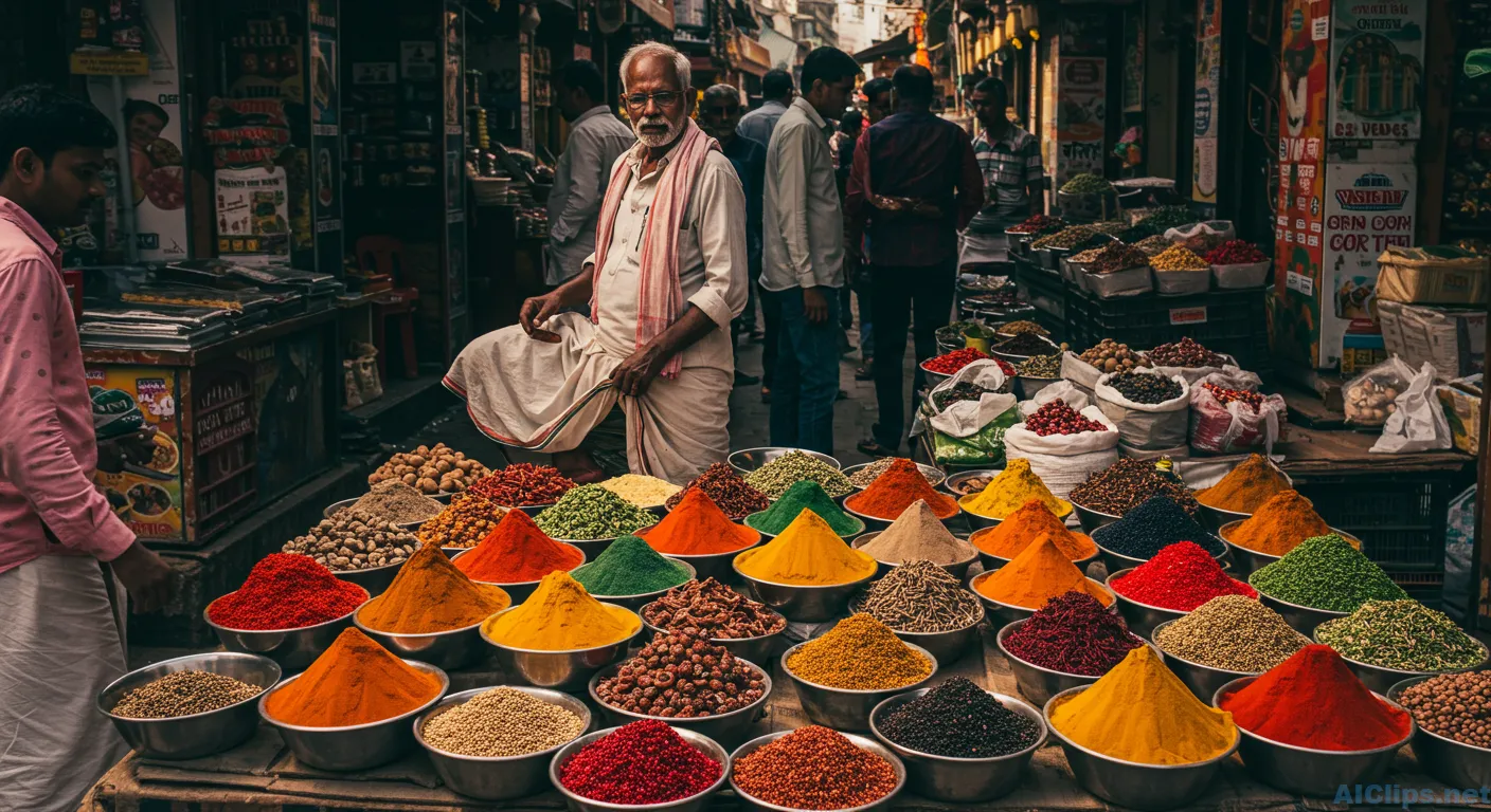 Vibrant Indian Spice Market Scene for Commercial Use