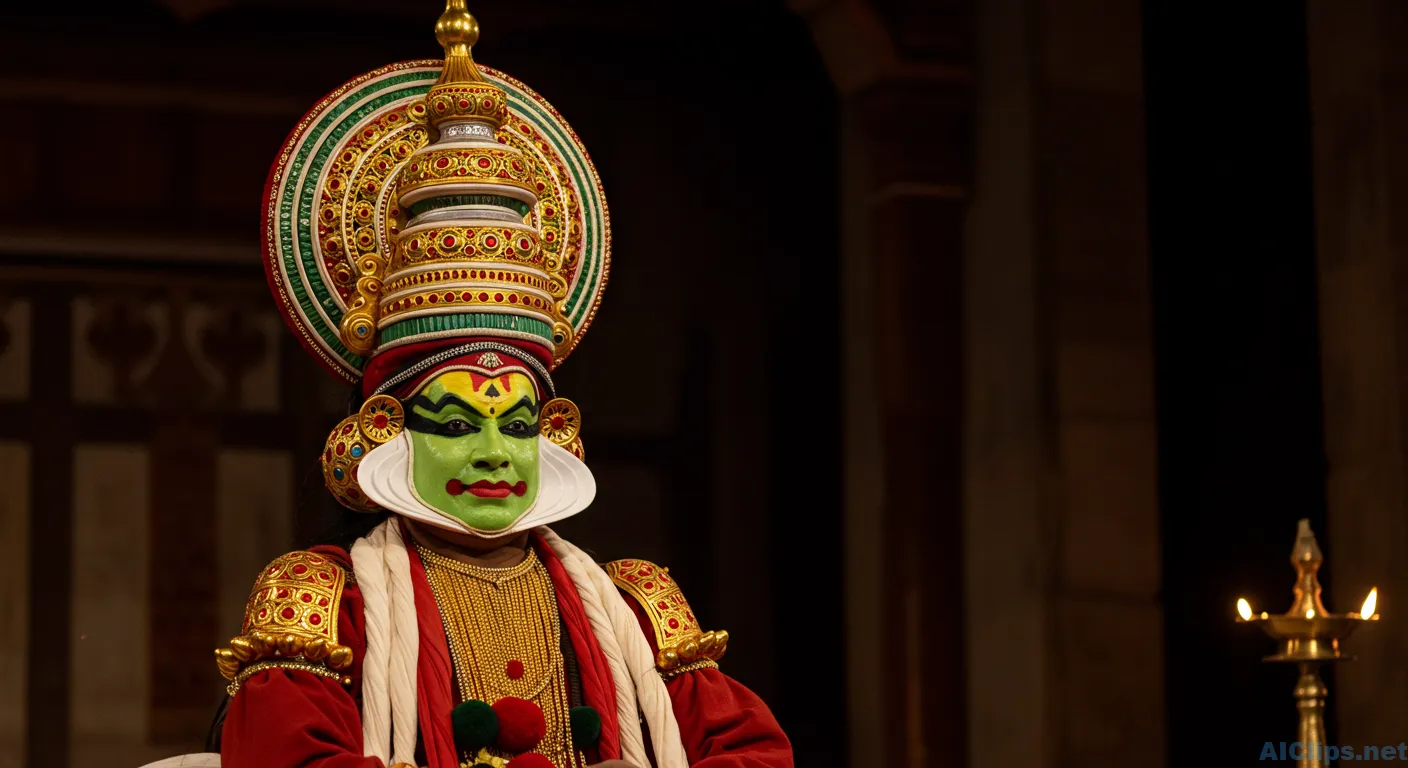 Traditional Kathakali Performer in Vibrant Attire