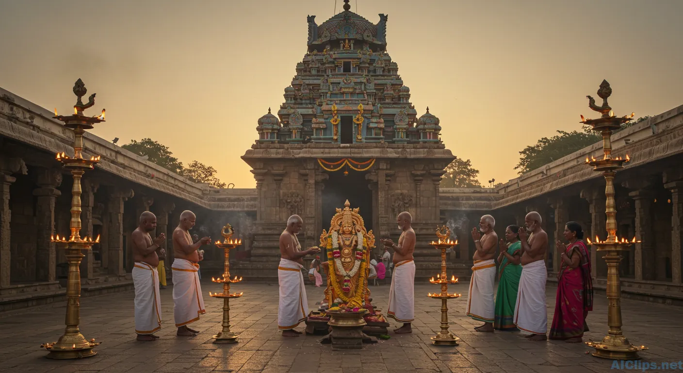 Traditional Temple Ceremony with Devotees and Lamps