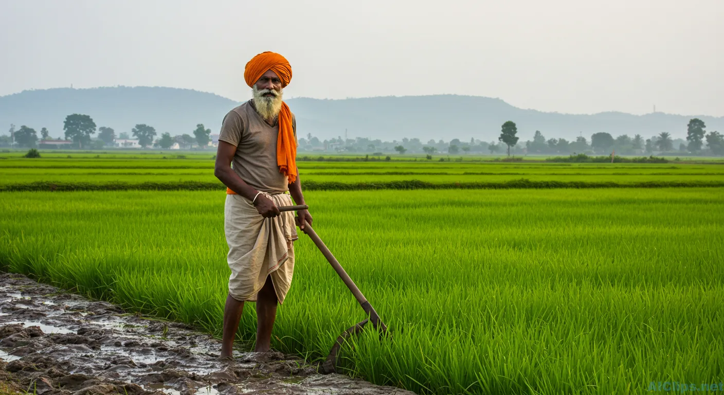 Dedicated Farmer in Lush Green Rice Field
