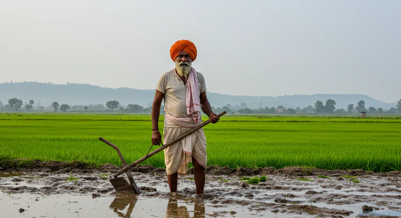 Rich Green Rice Fields with Farmer in Traditional Attire