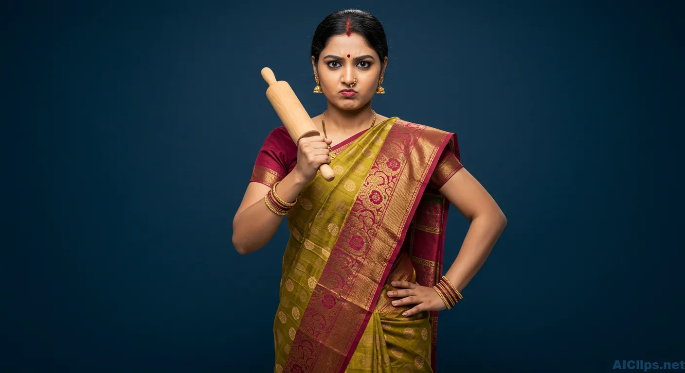 Confident Woman in Traditional Attire with Rolling Pin