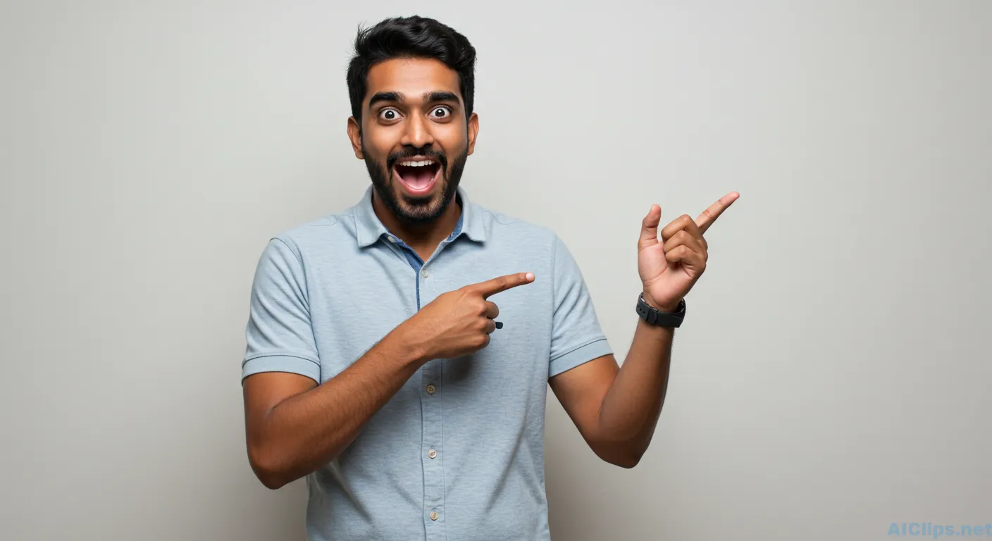 Energetic Young Man Pointing Excitedly in Studio