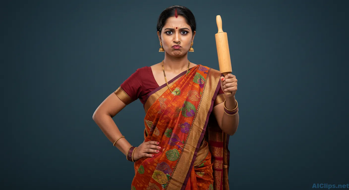 Vibrant Indian Woman with Rolling Pin in Traditional Attire