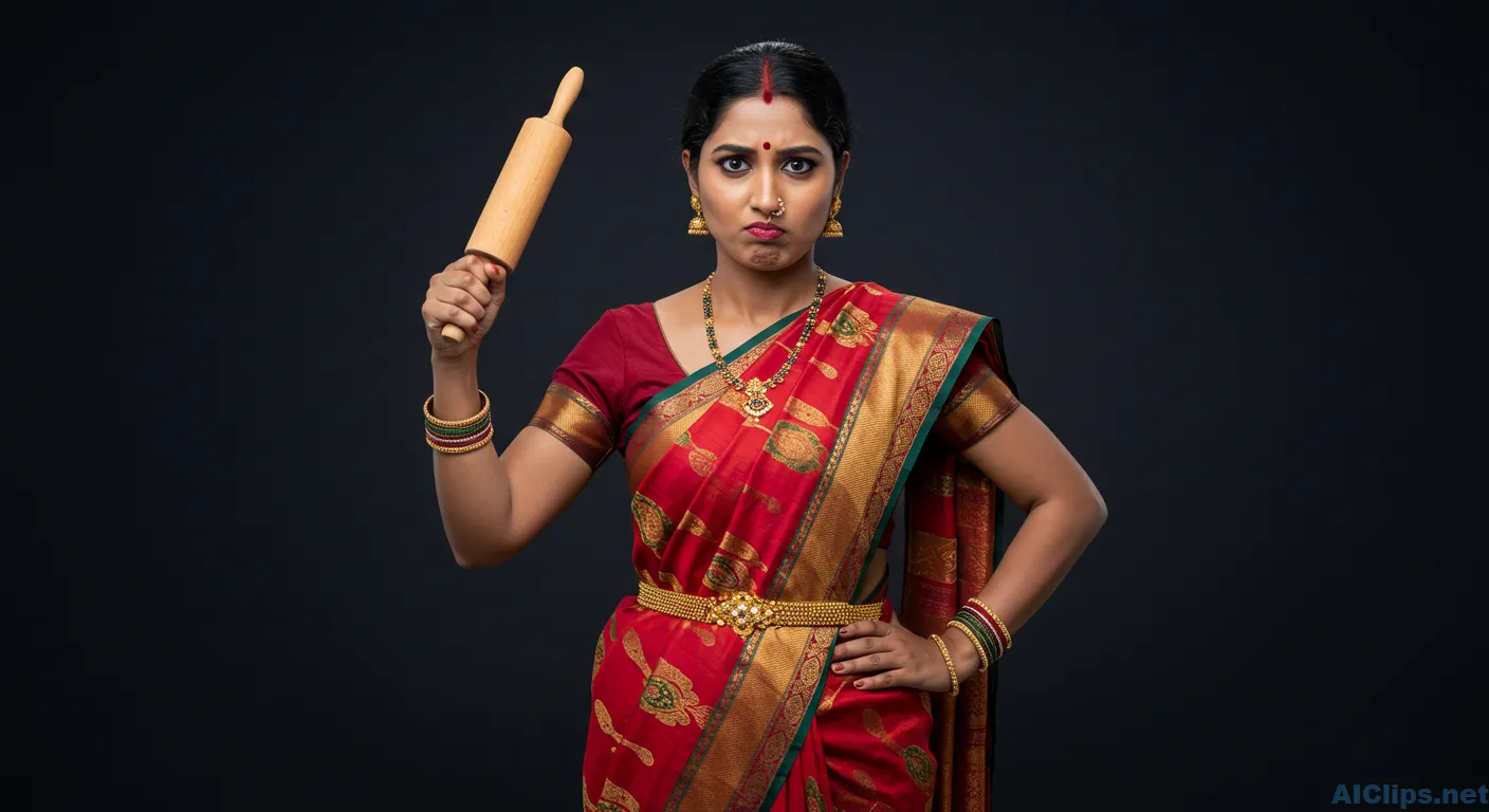 Traditional Indian Woman in Elegant Saree with Rolling Pin