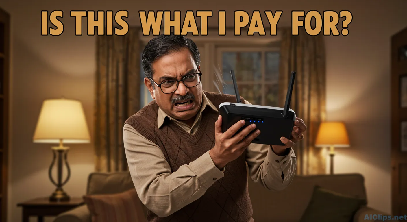 Frustrated Man with Router: Internet Connectivity Issues