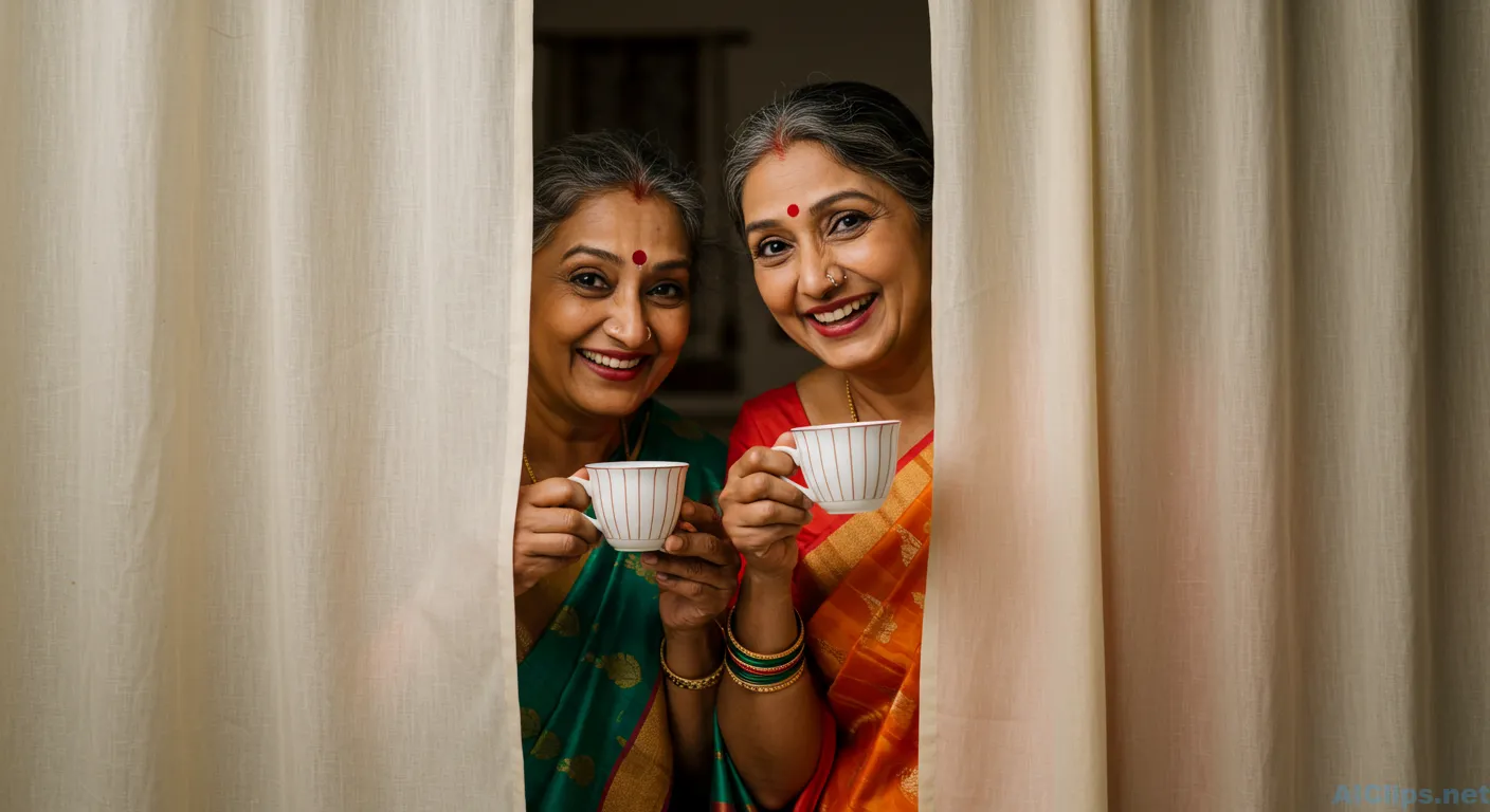 Joyful Women Enjoying Tea in Traditional Attire