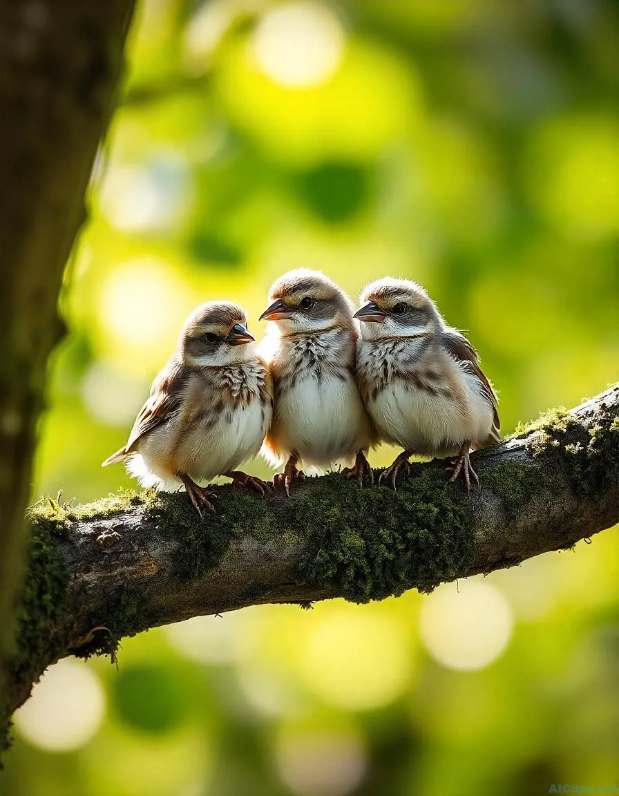 Charming Baby Birds on a Branch - Nature Photography