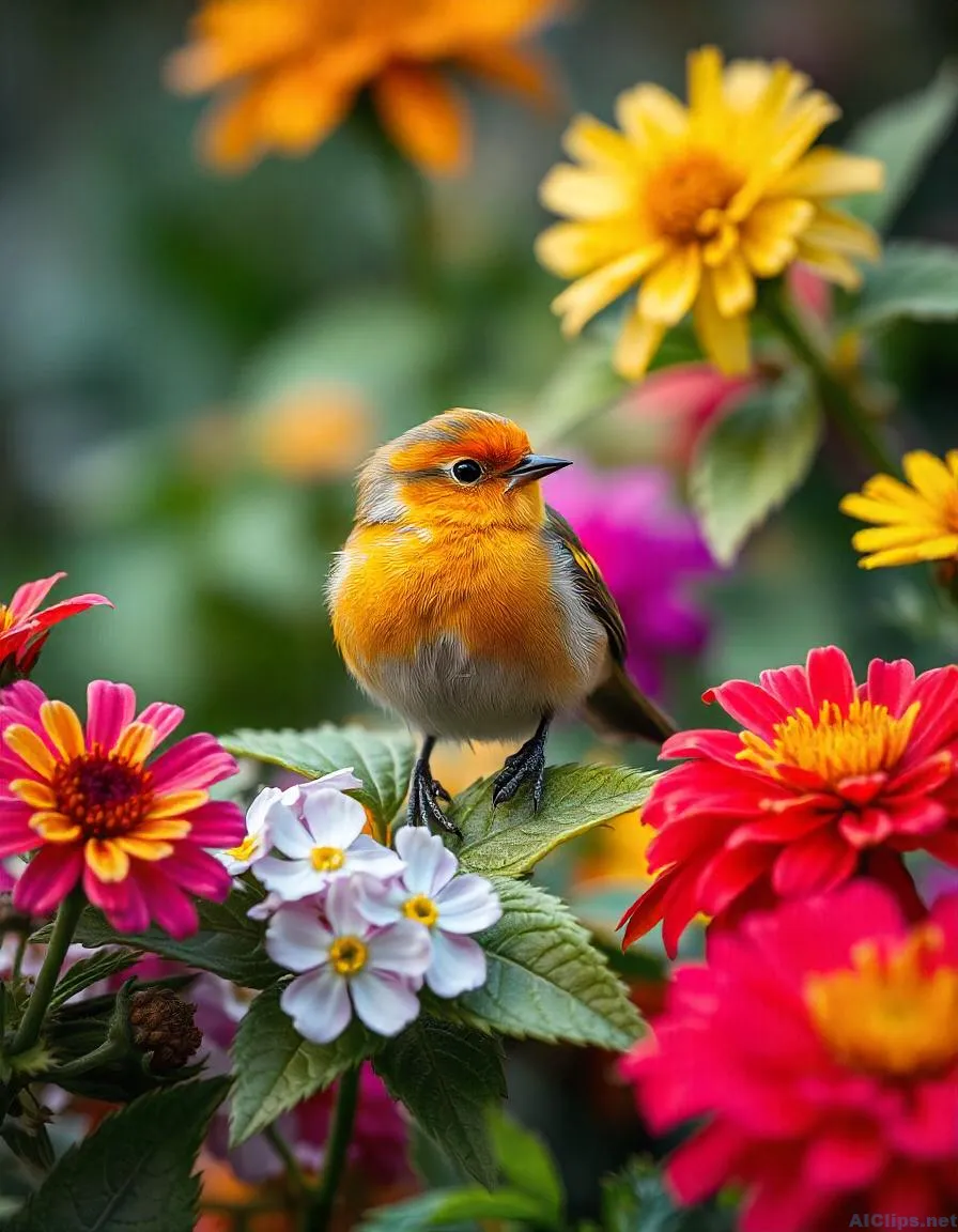 Vibrant Bird Amid Colorful Flowers ‚Äì Nature's Beauty