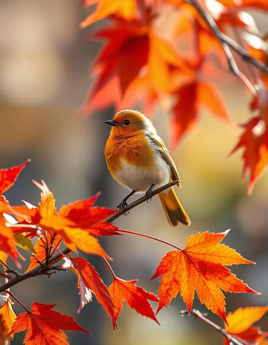 Vibrant Autumn Bird on Colorful Maple Leaves