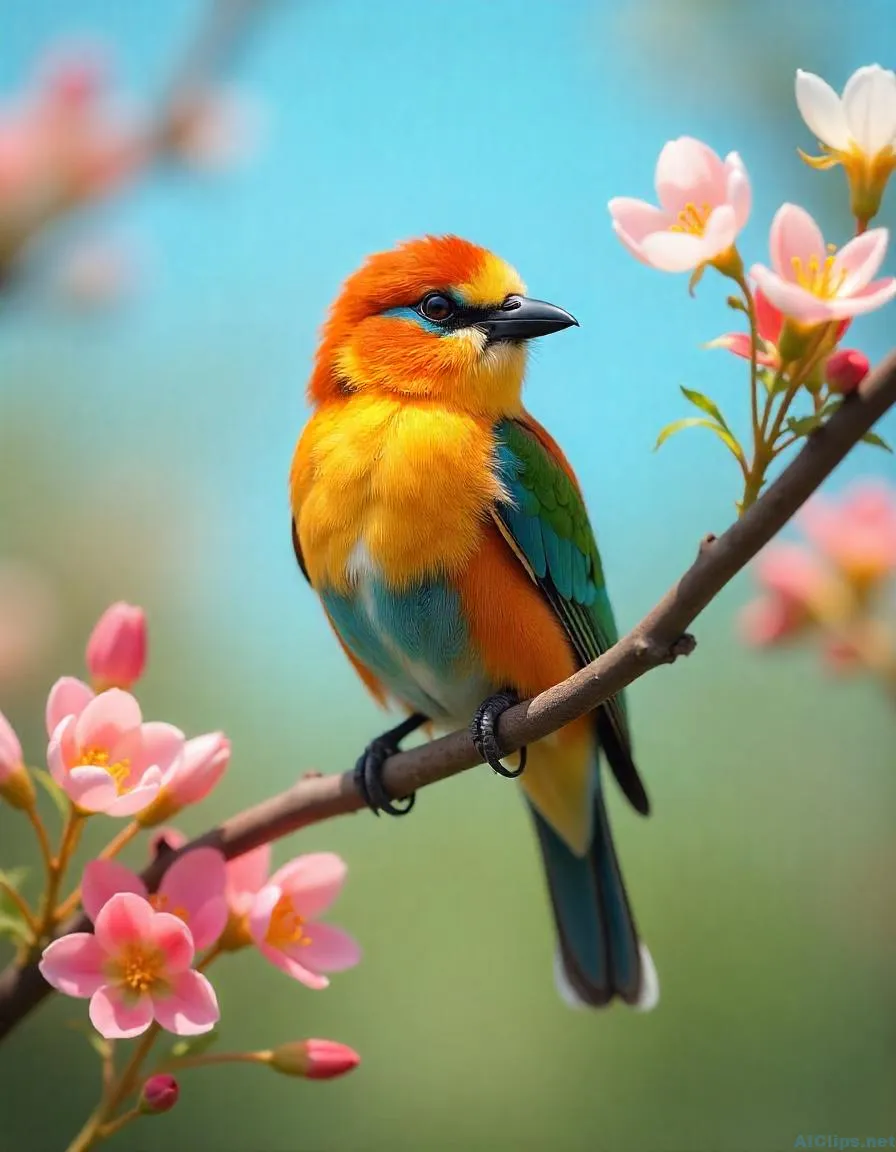 Vibrant Bird Perched Amidst Blossoming Flowers