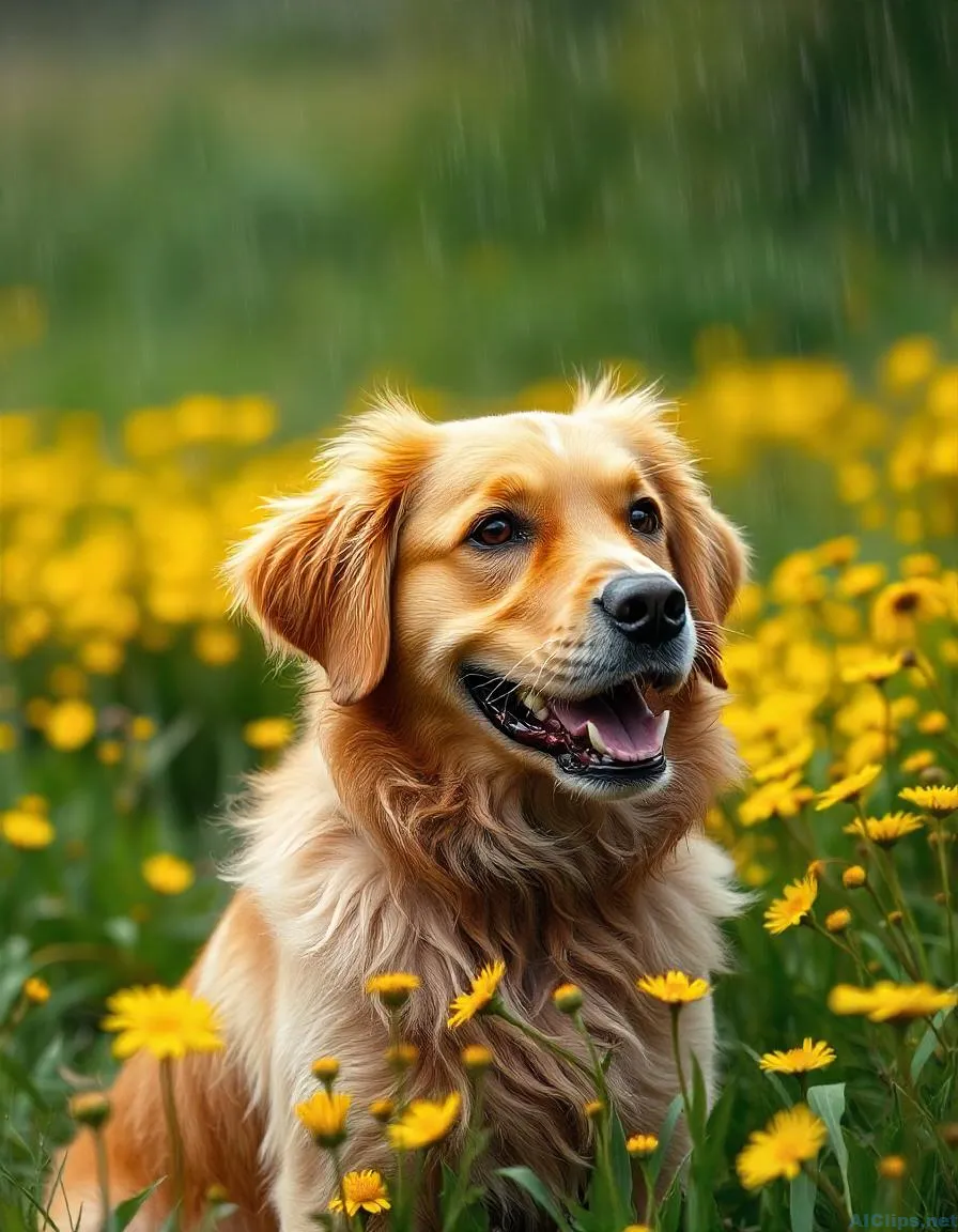 Happy Golden Retriever in Vibrant Flower Field