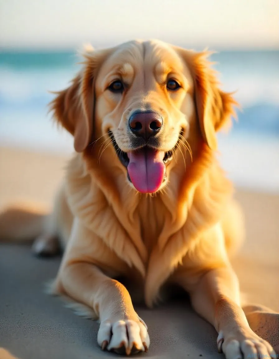 Golden Retriever Relaxing on the Beach - High Quality Image