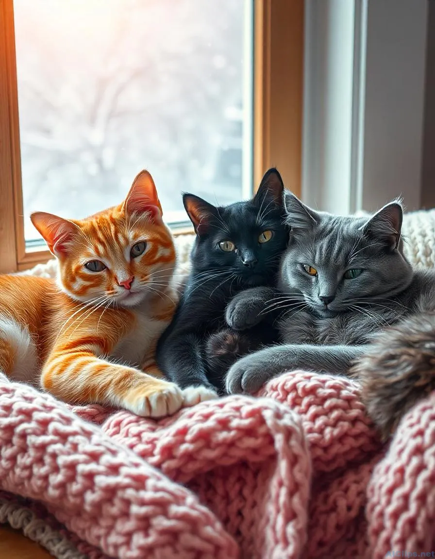 Charming Trio of Cats Snuggled by the Window
