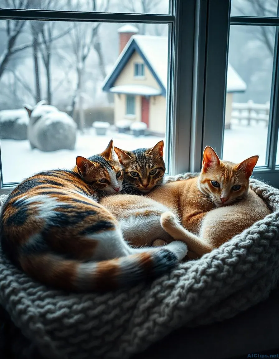 Cozy Cats in Winter Scene - Perfect for Pet Lovers