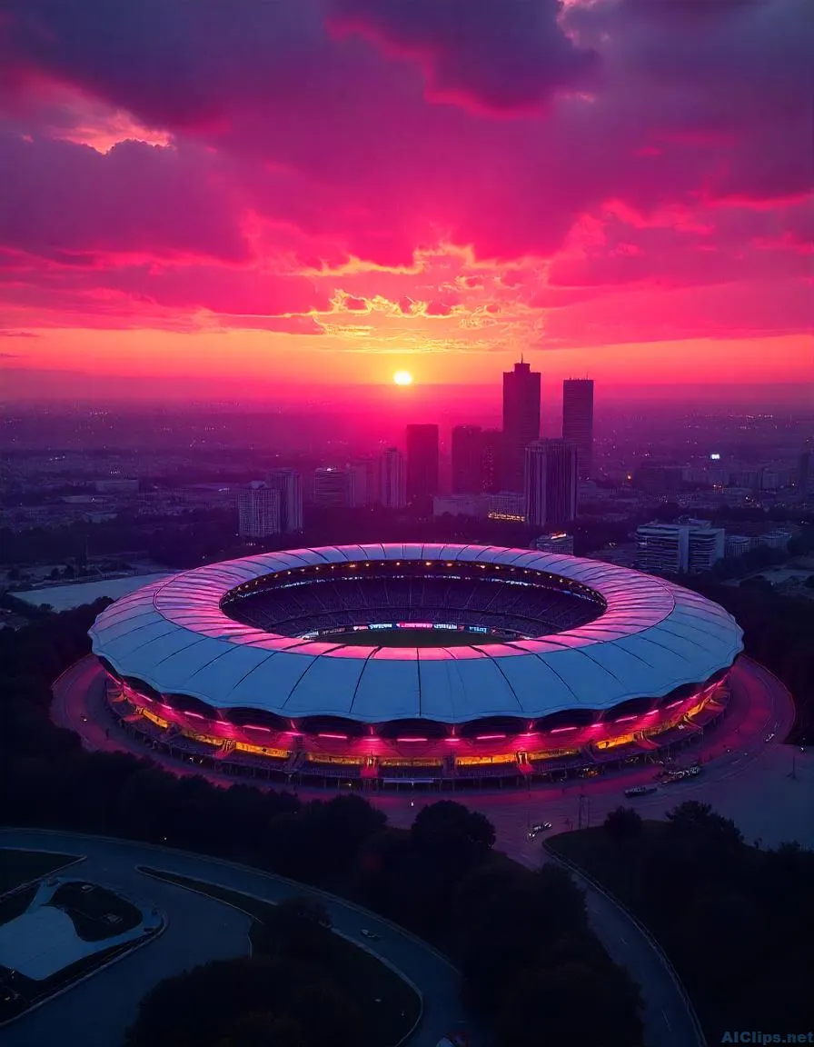 Aerial View of Stadium at Sunset - Vibrant Urban Scene