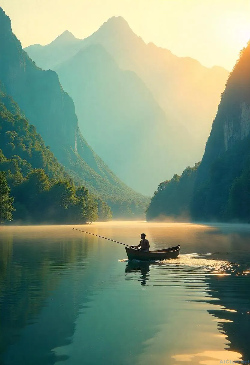 Tranquil Nature Scene with Fisherman in a Boat