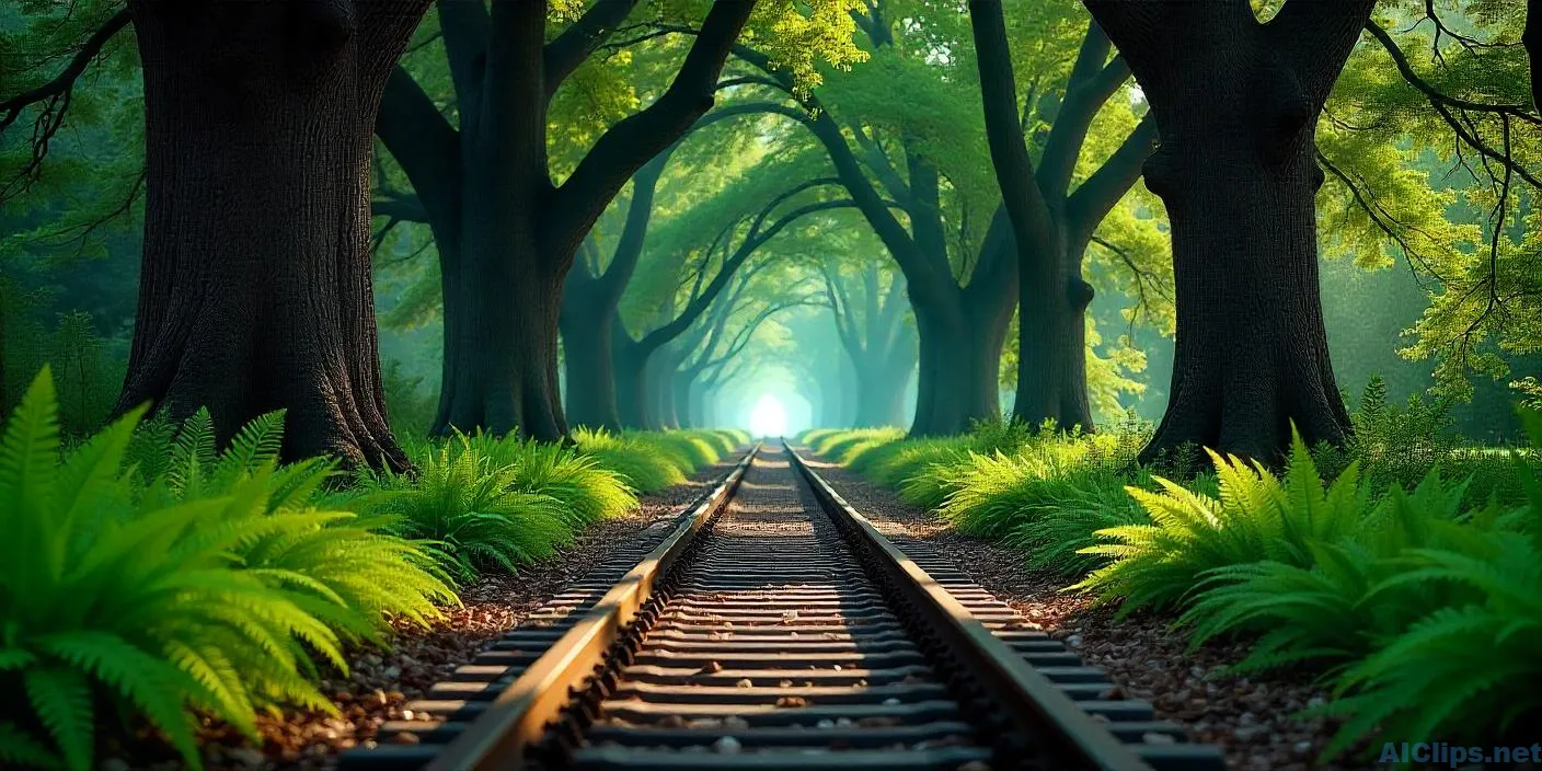 Serene Forest Pathway with Railway Tracks