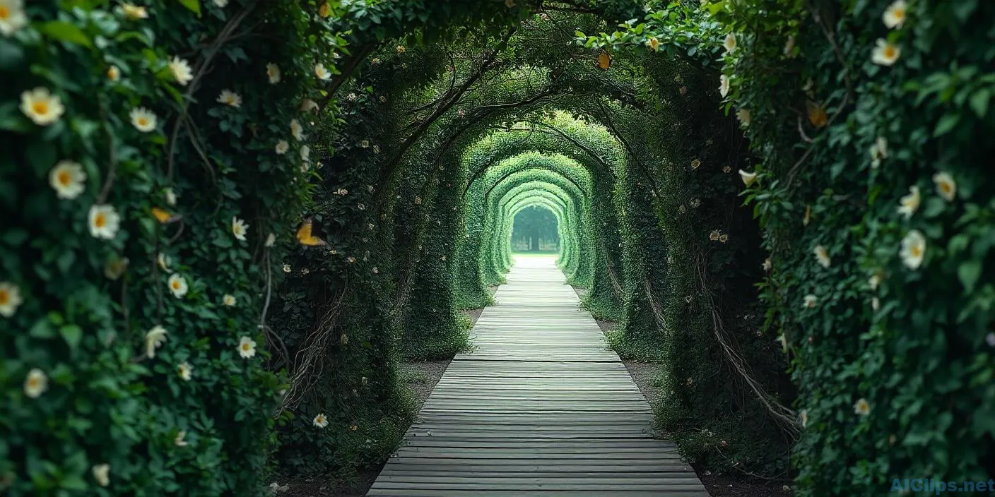 Scenic Greenery Pathway in Floral Archway