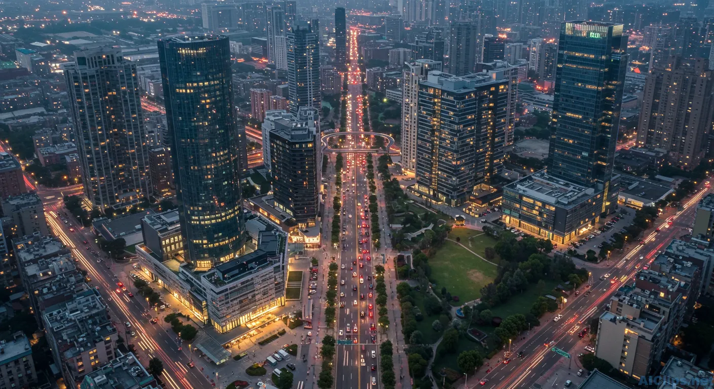 Aerial Night View of Urban Cityscape with Lights