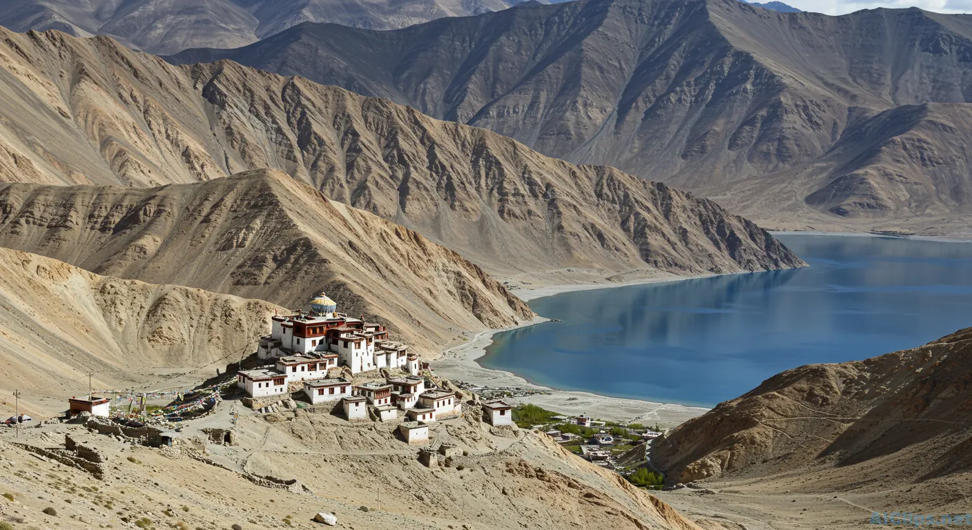 Stunning Aerial View of Monastery by Serene Lake