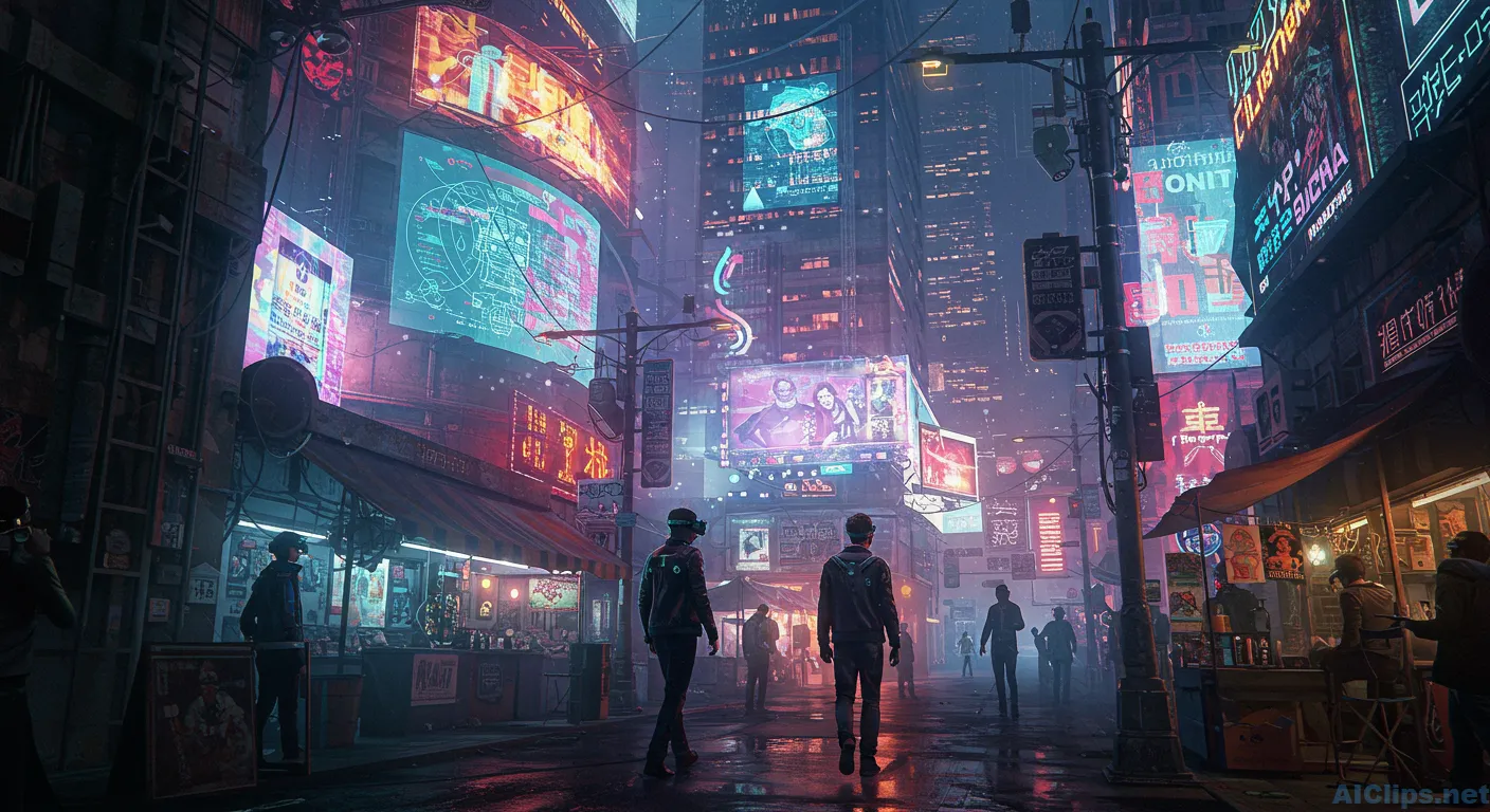 Futuristic Urban Scene with Neon Lights and Figures