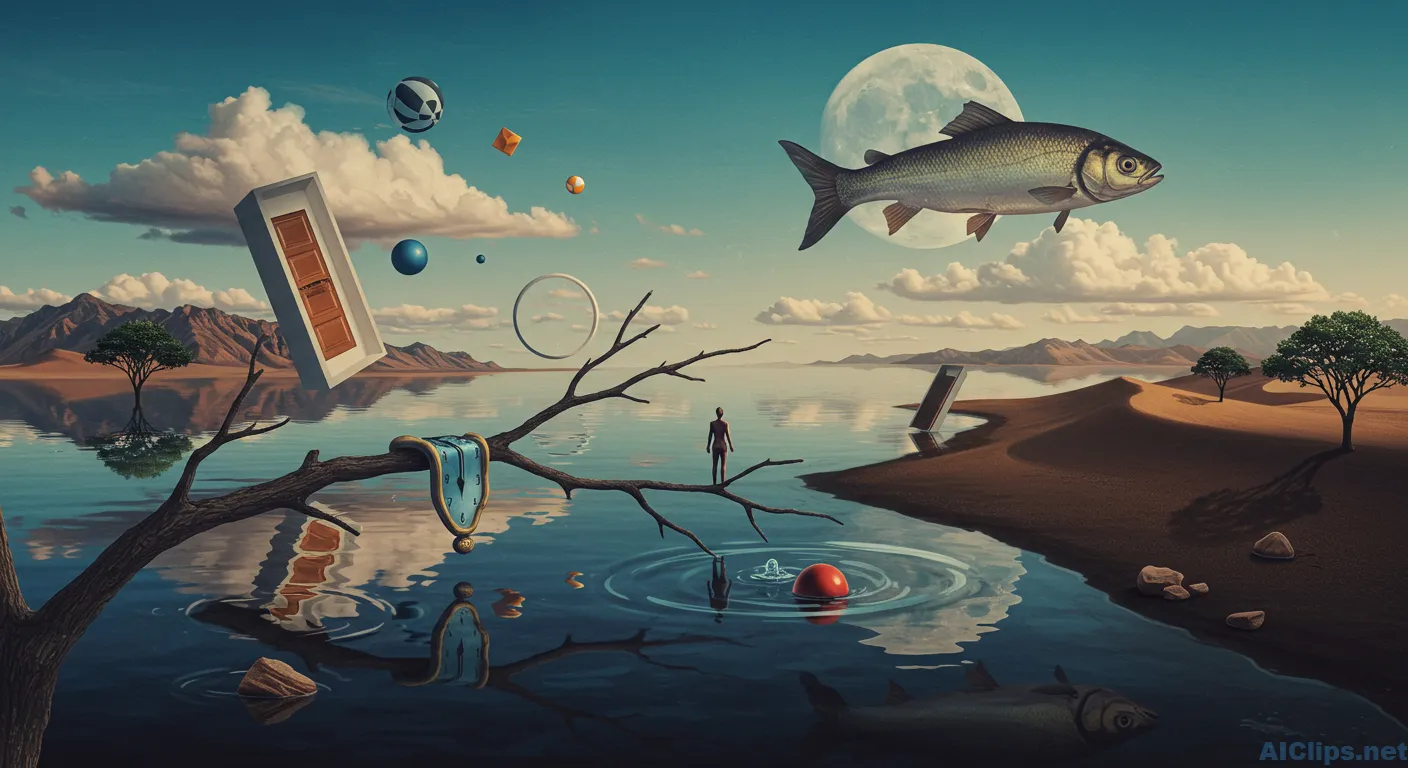 Surreal Landscape with Floating Elements and Reflection