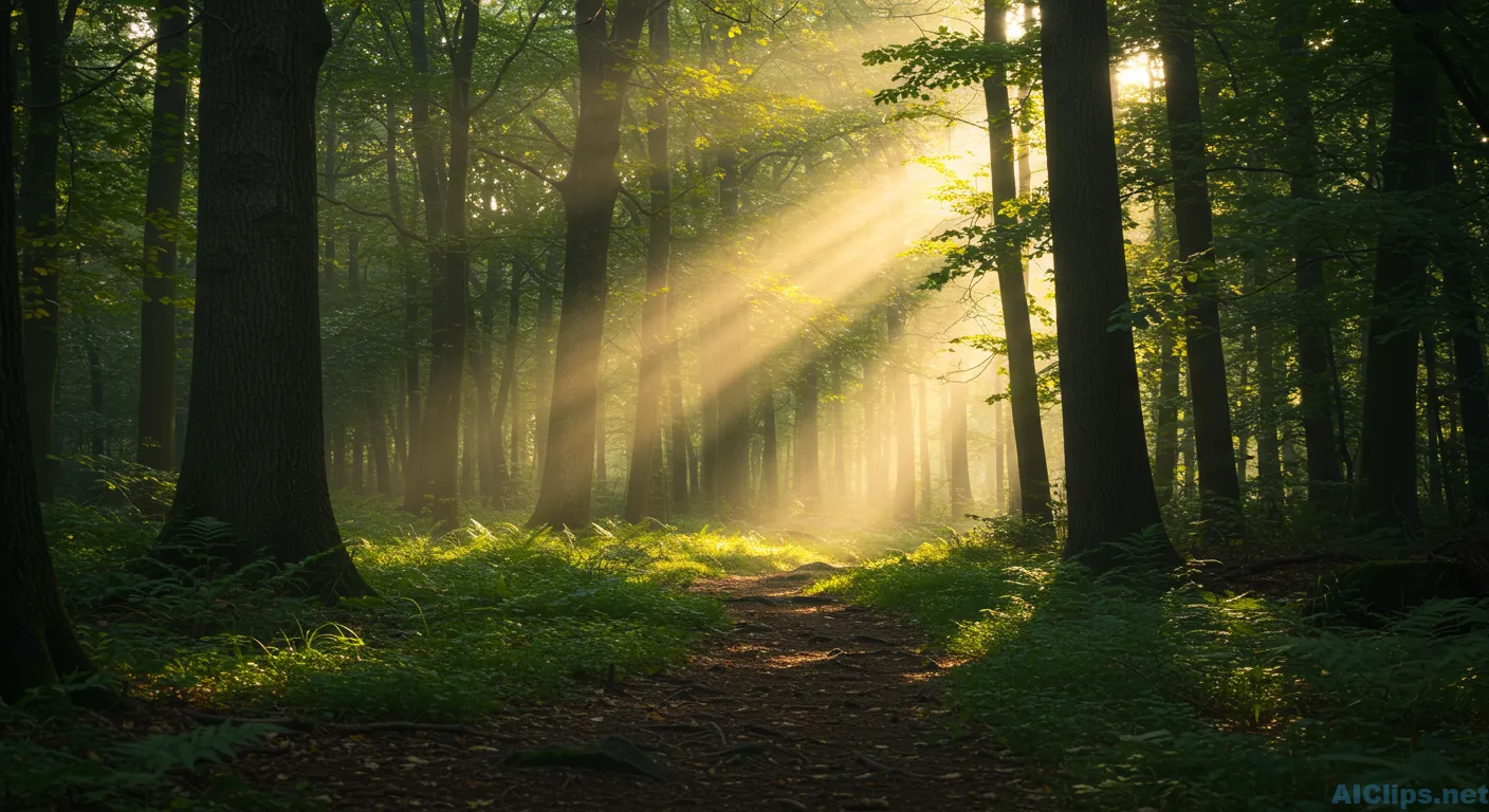 Enchanting Forest Path with Sunlight Rays