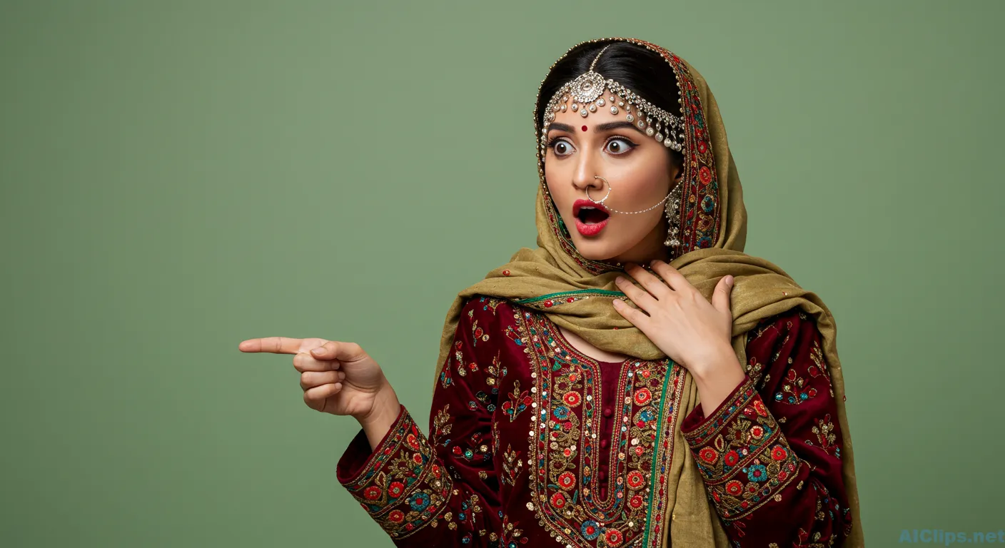 Cultural Expression: Surprised Woman in Traditional Attire