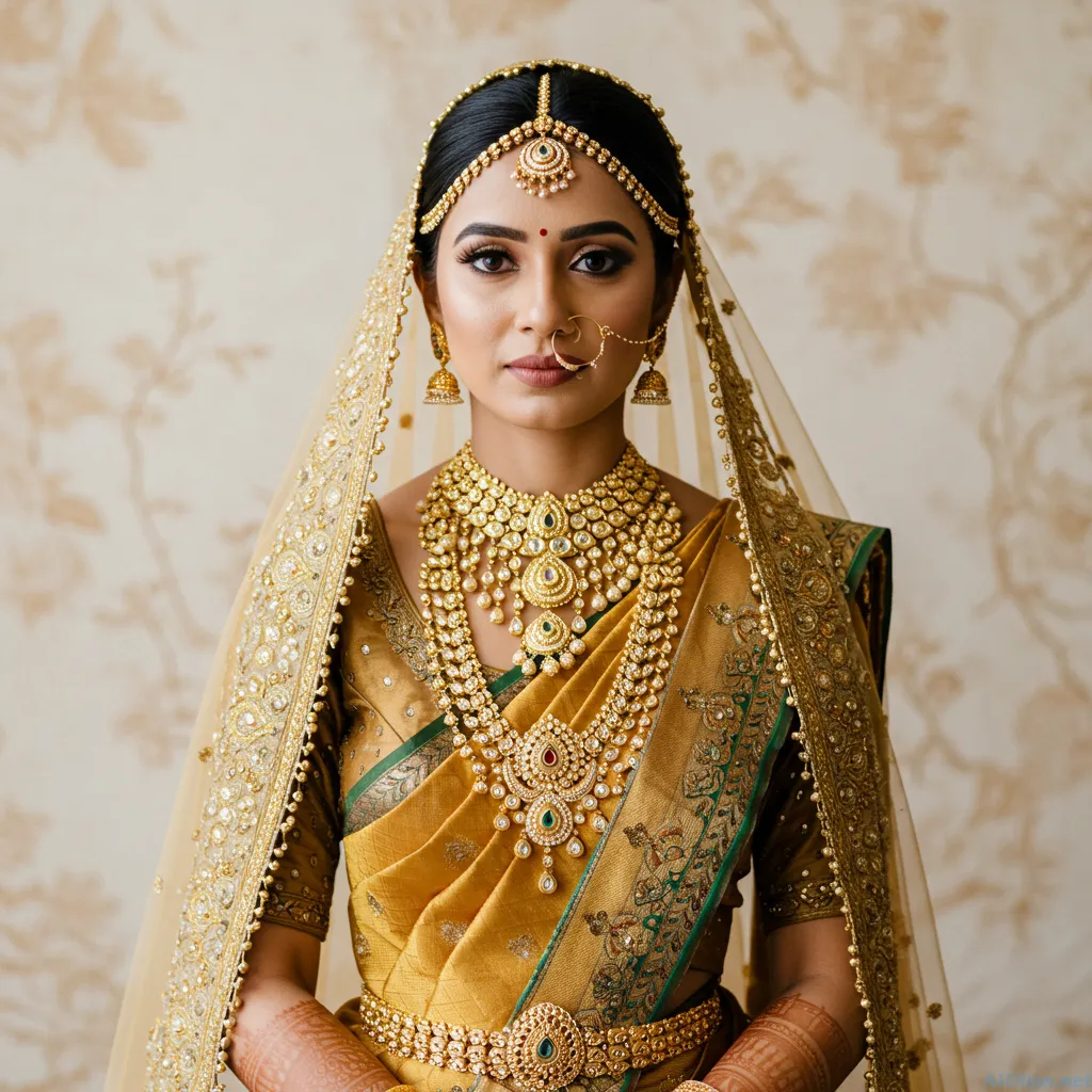 Elegant Traditional Bridal Attire with Intricate Jewelry
