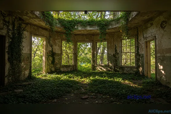 Serene Abandoned Room with Nature Overgrowth