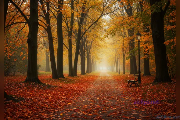Serene Autumn Park Pathway in Golden Light