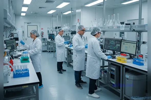 Modern Laboratory Team Working with High-Tech Equipment