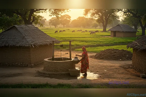 Rural Woman Collecting Water at Sunset